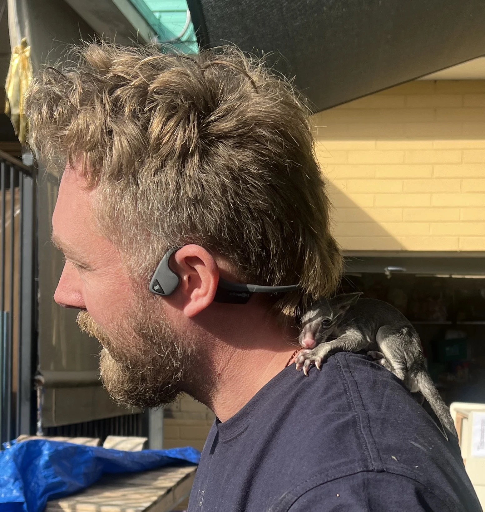 Rohan the Possum Wrangler with a possum outside