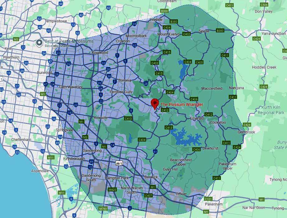 Service area map showing a 30-minute drive time from Belgrave, VIC