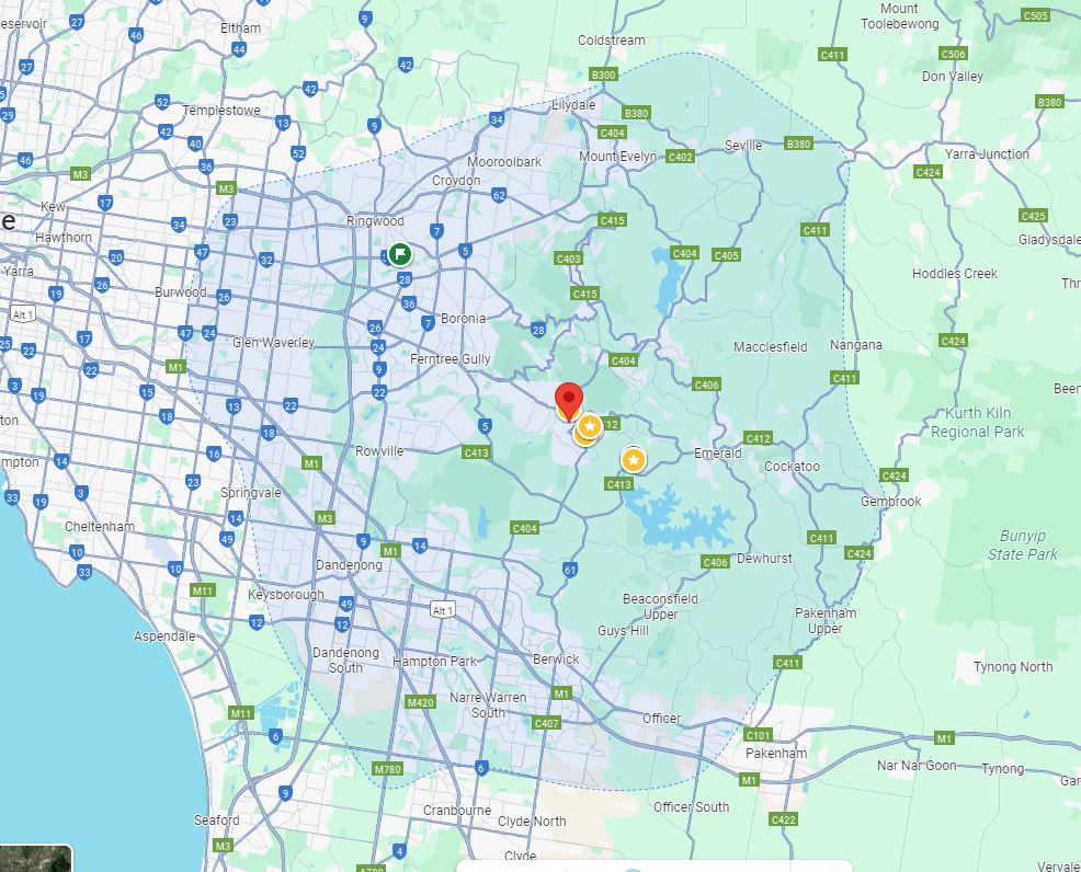 Map showing The Possum Wrangler's service area within a 30-minute drive of Belgrave, VIC, covering the Dandenong Ranges and eastern Melbourne suburbs